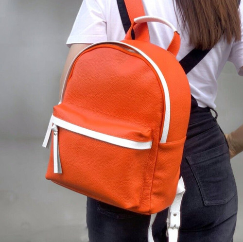 LANCASTER PARIS Women's GENUINE Pebbled Leather Orange Backpack Laidies Bag Handmade