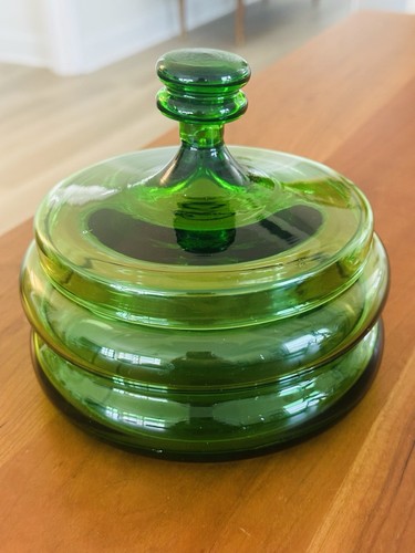 Vintage Green Depression Glass Jar w  Lid – Deco Ringed Form – Heavy Base – 6"