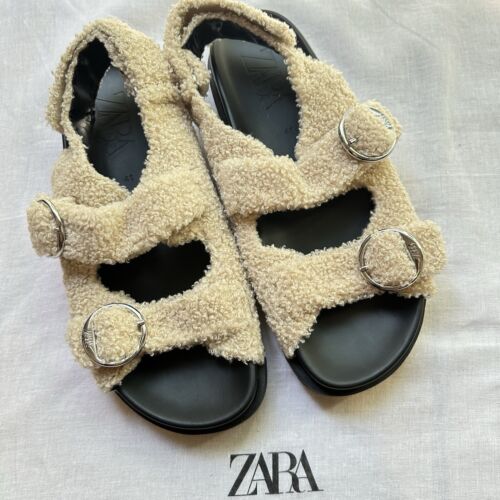 New Zara Flat Faux Fur Buckle Sandals 3602 610 Size 10