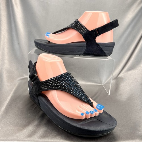 Fitflop Rokkit Navy Blue Crystal Toe Post Sandals Womens 8 Adjustable Strap Shoe