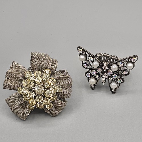 Stretch Ring Set Silver Tone Aurora Borealis Butterfly Rhinestone Bow Faux Pearl