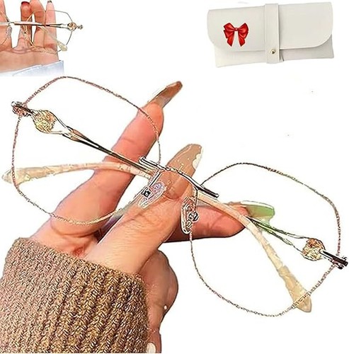 Proceedingt Glasses  Women's Diamond Rimless Anti Blue Light Presbyopia Glasses