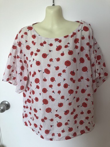 ??VALENTINO BOUTIQUE VINTAGE White Top Blo L Poppy Red Flowers Linen 1980?
