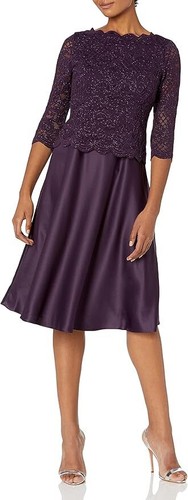 Alex Evenings Dress Tea Length Embroidered Bodice Mock Eggplant sz 4 NEW NWT AE3
