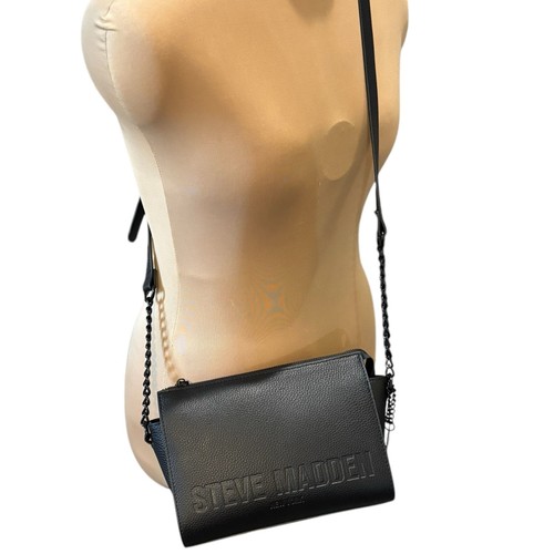 Steve Madden Pebbled Faux Leather Crossbody Bag Purse Black Chain Shoulder Strap