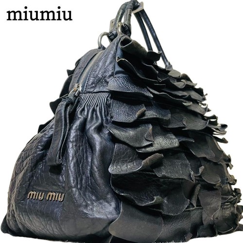 Vintage Miu Miu Shoulder Hand Bag Frill Leather Black Y2K Tote Archive Bag