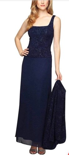 Alex Evenings Jacquard Knit Glittered Evening Dress  Navy No Jacket New Plus 18