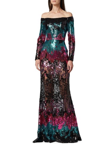$7000 Elie Saab Off the Shoulder Sequin Gown Maxi Dress Multi Size 42   US 10