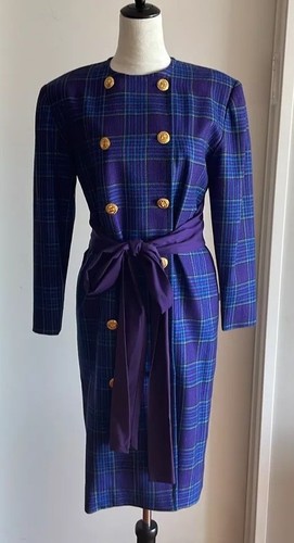 Vintage CELINE Plaid Belted Wool Long Pea Coat Violet Purple Made In France