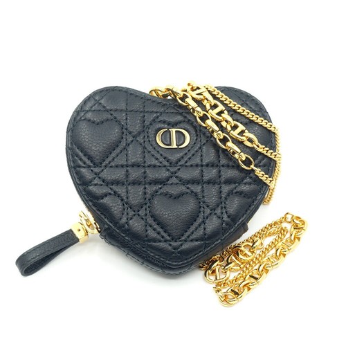 AUTH CHRISTIAN DIOR S5097UNID_M900 CARO CHAIN HEART POUCH SHOULDER BAG BLACK F S