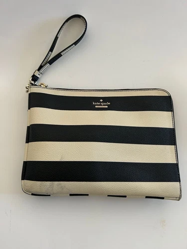 Kate Spade Just Charge It Wristlet Black White Striped Leather Clutch NonWorking