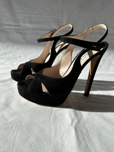 Miu Miu sandalo nero scamosciato punta aperta cinturino plateau slingback pompa tg 39