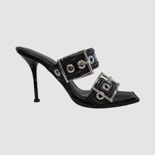 $1390 Alexander McQueen Women Black Double Buckle Slide Sandals Shoes Size 37