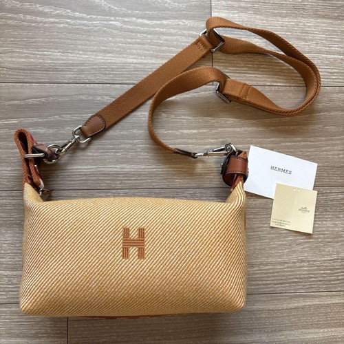 HERMÈS Hermes Britto Black Pouch with Shoulder Strap Beige Brown Canvas Handbags New