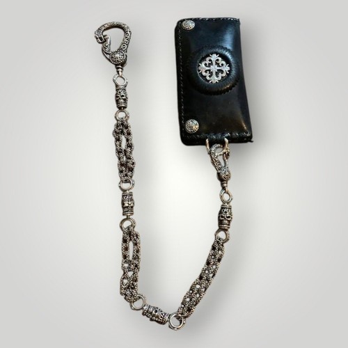 CHROME HEARTS Set portafoglio e catena in pelle con cuori cromati 65 cm