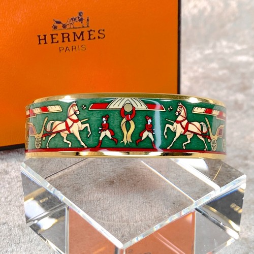 Vintage Hermes Bangle Bracelet Green Enamel Horse Car G Finish Size 65 w/Box