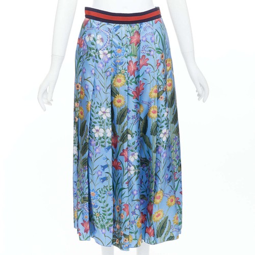 GUCCI 2016 New Flora 100% silk blue bloom pleated skirt IT42 M