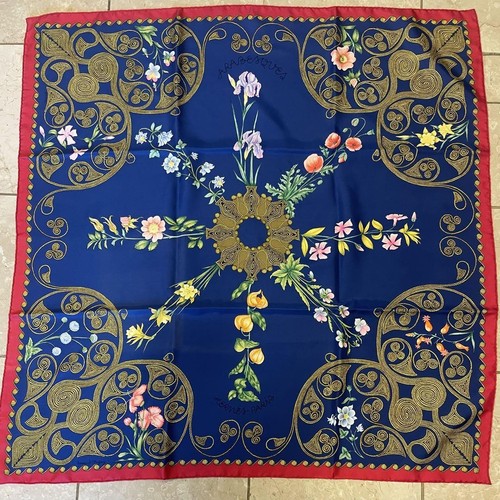 HERMÈS Hermes Carre 90 Arabesques Navy Silk Scarf Artist Henri d'Origny U