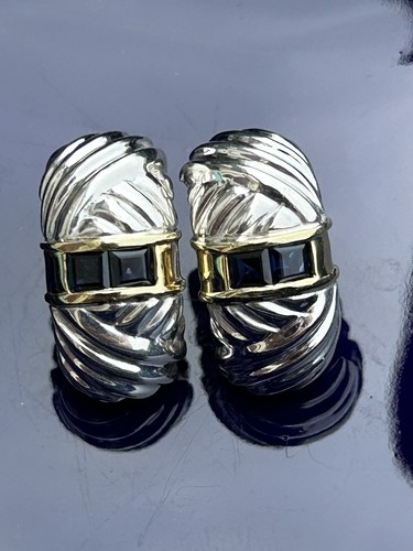 TIFFANY & CO. Orecchini Clip Huggie Argento Oro Quadrato Zaffiro Blu Zaffiro Gamberetti .80 TC