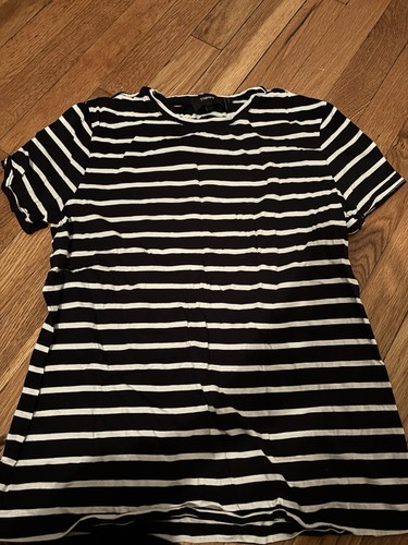 Theory Women’s Lightweight Striped Boxy Tee in Navy White Size M