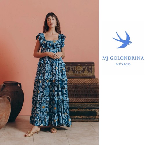 CHANEL NUOVO Mi Golondrina Araceli Azules Azuelejos SPECIALTY ABITO LUNGO Taglia Small
