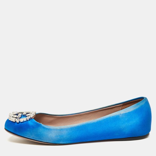 Piatti da balletto blu raso ad incastro G cristalli Gucci taglia 37 5
