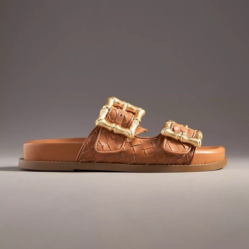 New Schutz Enola Honey Peach Sporty Woven Slide Sandals Shoes Brown Gold 6