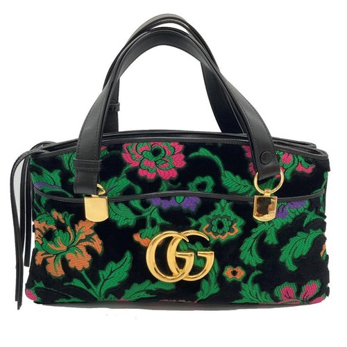 GUCCI Ally Handbag GG Velvet Flower Embroidery Black (Rare Item) Authentic U