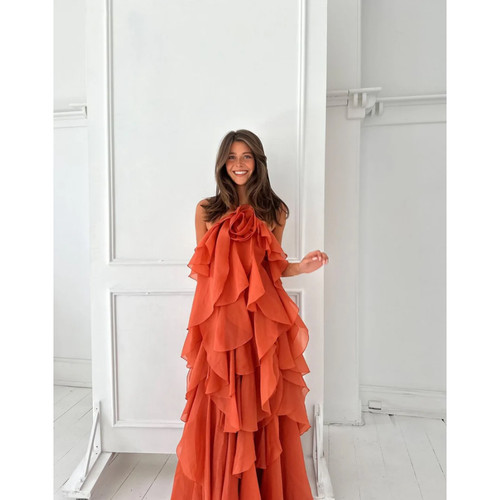 AJE Pandorea Layered Maxi Dress Floral Ruffle Coral Clay US 8 NWT