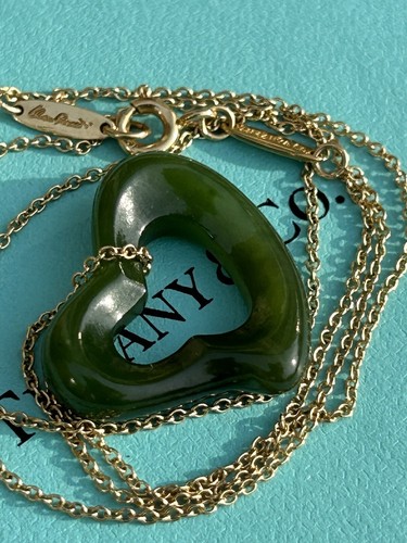 Tiffany & Co 18K Elsa Peretti Green Nephrite Jade Open Heart Necklace, 17 Inches