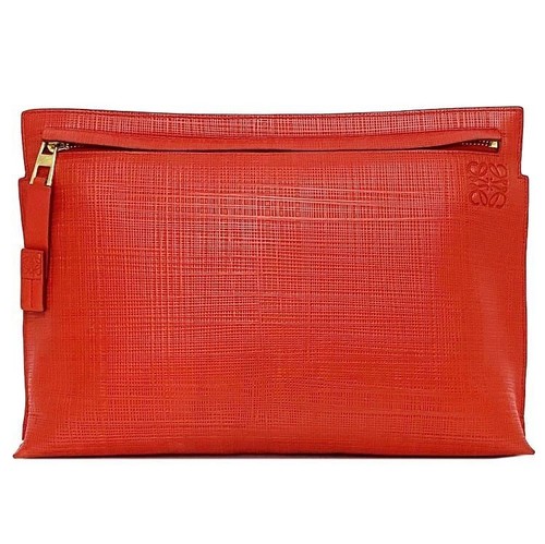 Auth Loewe Clutch Bag Red Leather 11.4x7.9in U Zipper Logo
