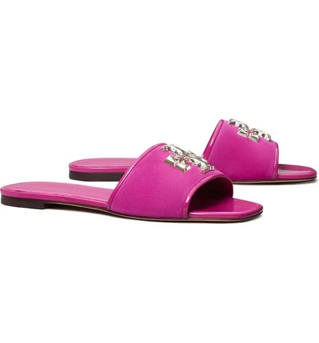 Sandalo Tory Burch Eleanor Slide in pelle rosa fucsia nuovo con scatola US 9 AUTENTICO