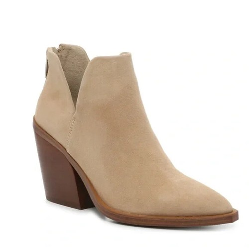 Vince Camuto Gigietta Bootie Ankle Boot Beige Tan Brown Heel Point Toe Suede 6.5