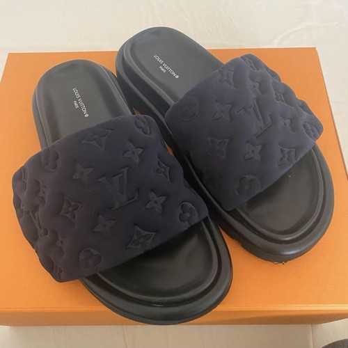 LOUIS VUITTON Pool Pillow Line Mules Sandals Black Monogram Embossed Size38/US8