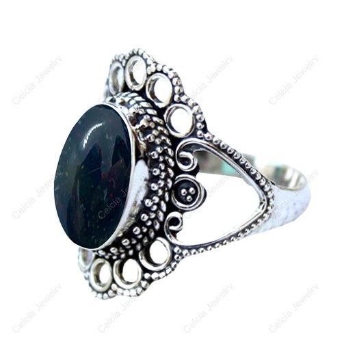 Valentine Day Gift 925 Sterling Silver Bloodstone Womens Rings Size 5 Art & Deco