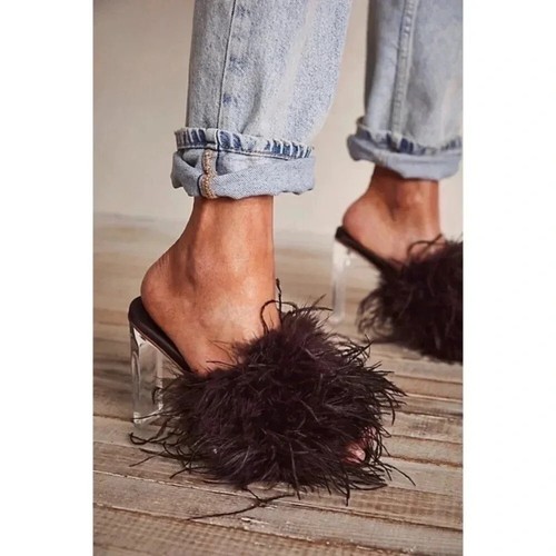 Nuovo Free People Jeffrey Campbell margherita vetro trasparente piuma tacchi in marrone US 8 5