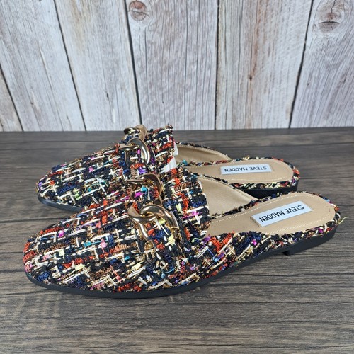 Steve Madden Cassady Mocassino Tweed Mules Donna Taglia 9 M Bianco Multi (VGC)