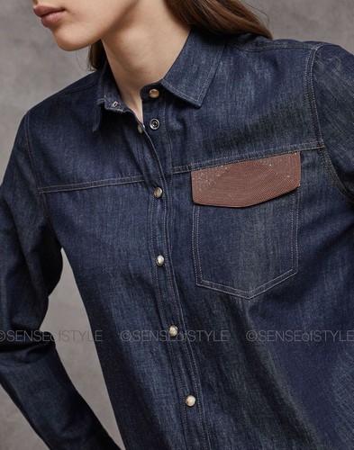 Brunello Cucinelli Denim Blue Jeans Shirt Top Button Long Sleeve Monili Size L