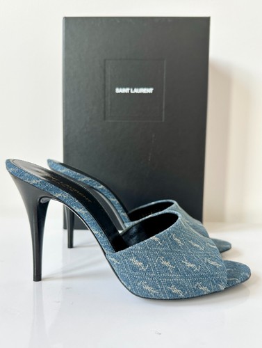 SAINT LAURENT (YSL) Saint Laurent La 16 Cassandre Denim Mules Tacchi YSL Logo EU 39 NUOVO $825 Vendita al dettaglio
