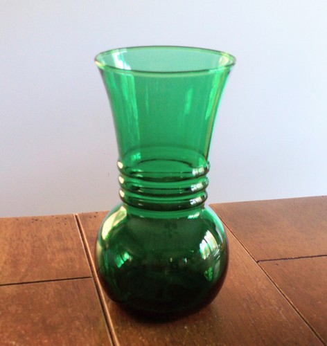 Vintage Anchor Hocking 6 1 2" Forest Green Ringed Ball Bottom Flare Top Vase MCM