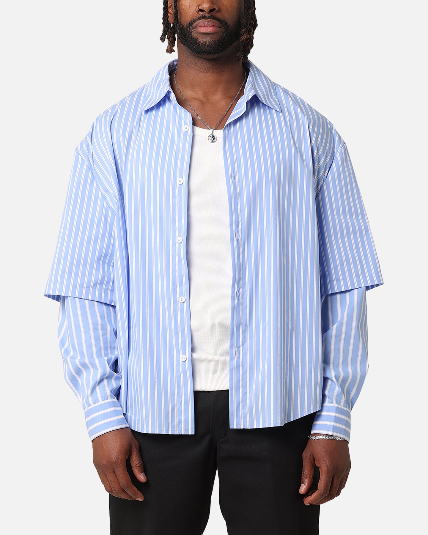 XXIII Double Layer Stripe Button Up Shirt Blue White