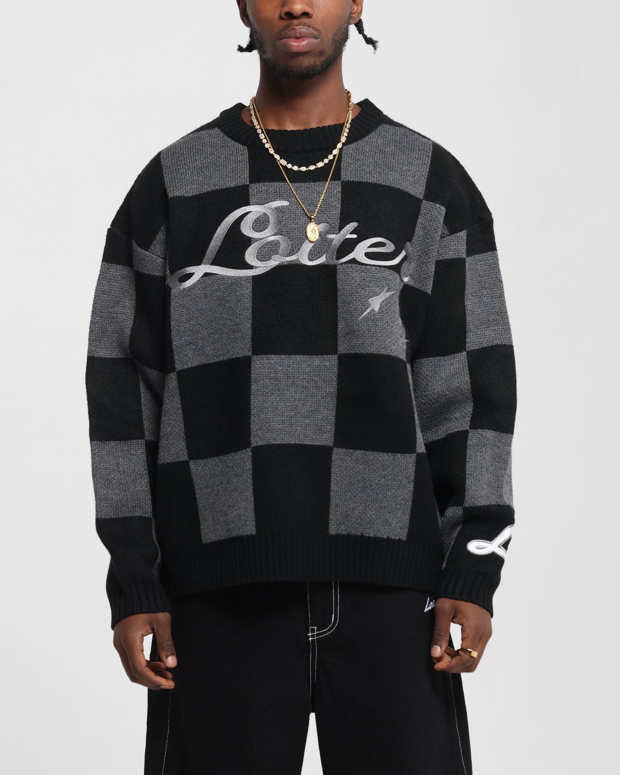 Loiter Checker Knit Sweater Black Grey