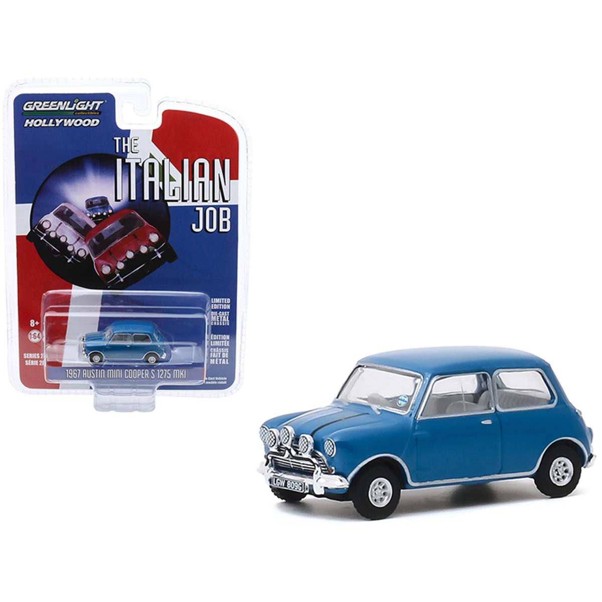 2297 Greenlight 1967 Austin Mini Cooper S 1275 MkI Blue The Italian Job 1969 Movie Hollywood Series Release 28.16 4 Diecast Model Car