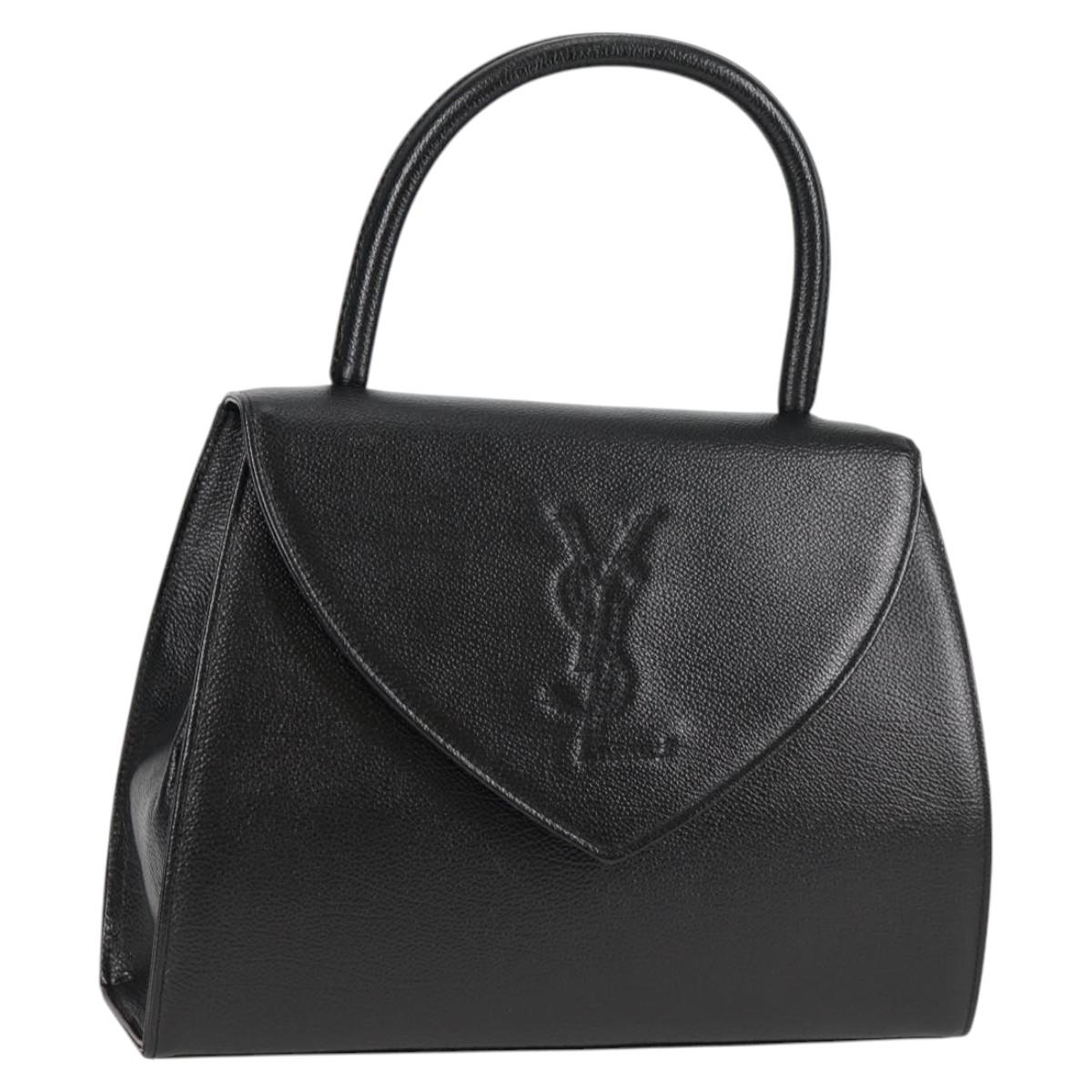 SAINT LAURENT Hand Bag Leather Black Gold Auth 119587A