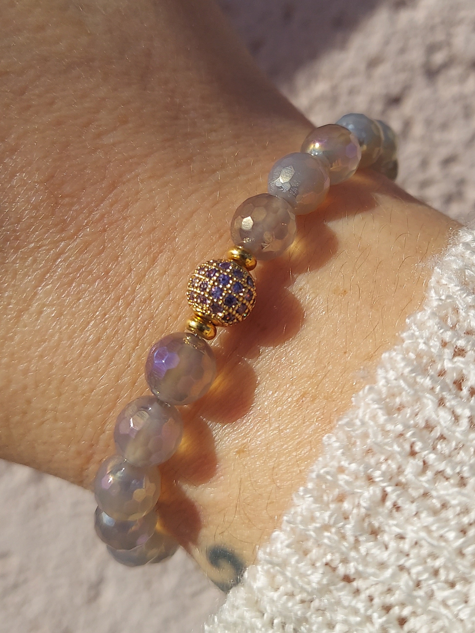 MARIE'S JEWELRY STORE Mystic Grey Agate with Gold Pave Ball Beaded Bracelet   Elena Michele