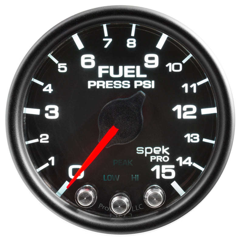 Autometer Spek Pro Gauge Fuel Press 2 1/16in 15psi Stepper Motor W/Peak & Warn Blk/Blk