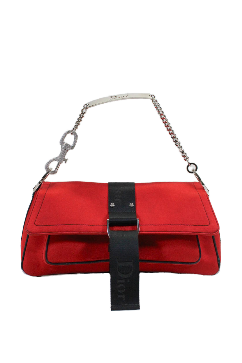 2738 Christian Dior Womens Bright Red Hardcore Cloth Shoulder Bag Handbag