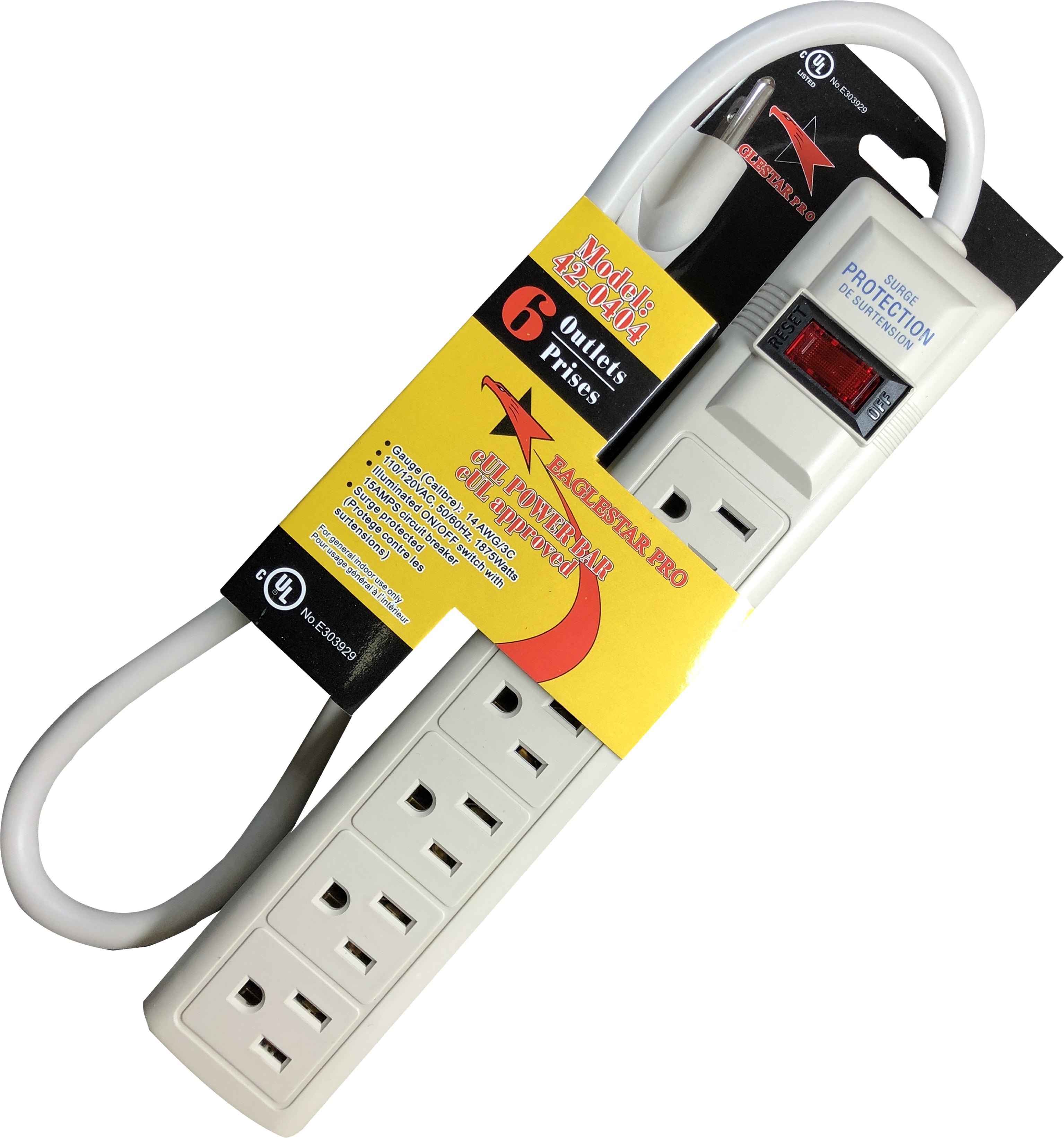 EAGLESTAR PRO 42 0404 6 Outlet Power Strip Bar with 3 ft Cord, cUL Approved, horizontal power distribution