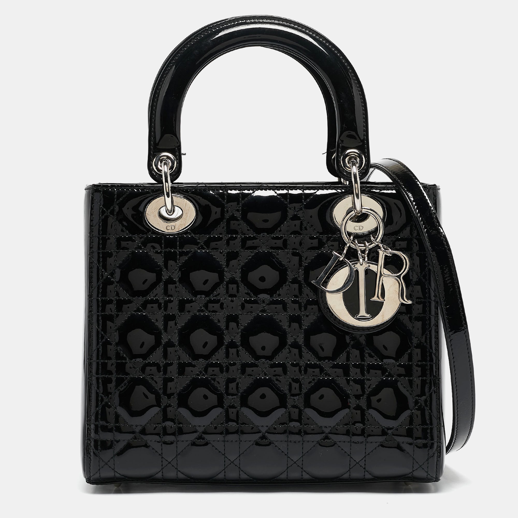 2613 Dior Black Cannage Patent Leather Medium Lady Dior Tote