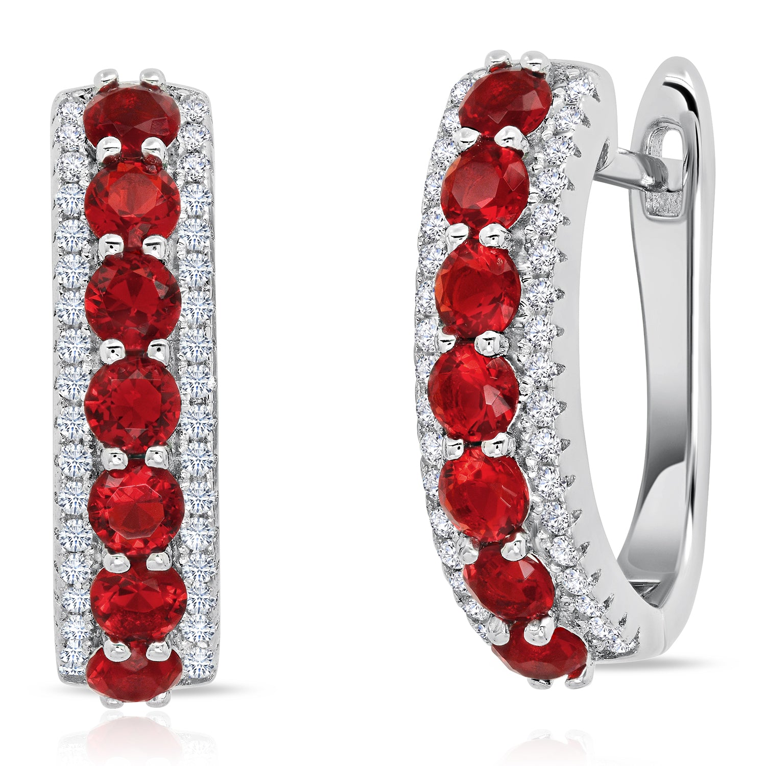 2227 925 Sterling Silver Simulated Ruby Round Hoop Earrings  0.75 inches